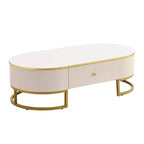 Table basse moderne 47W avec tiroirs, design profilé incurvé, pieds en métal doré, ovale, blanc+doré-ModernLuxe