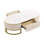 Table basse moderne 47W avec tiroirs, design profilé incurvé, pieds en métal doré, ovale, blanc+doré-ModernLuxe