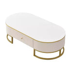 Table basse moderne 47W avec tiroirs, design profilé incurvé, pieds en métal doré, ovale, blanc+doré-ModernLuxe