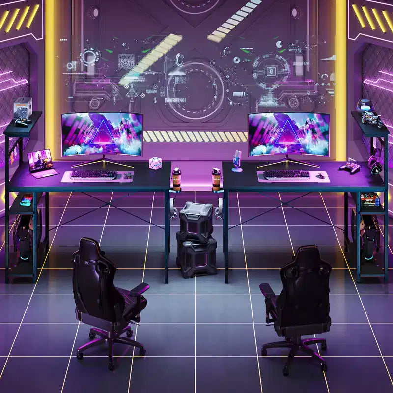 Bureau de jeu Bestier 112 cm avec éclairage LED RGB, étagères de rangement réversibles à 4 niveaux, crochets, porte-gobelet et aimants