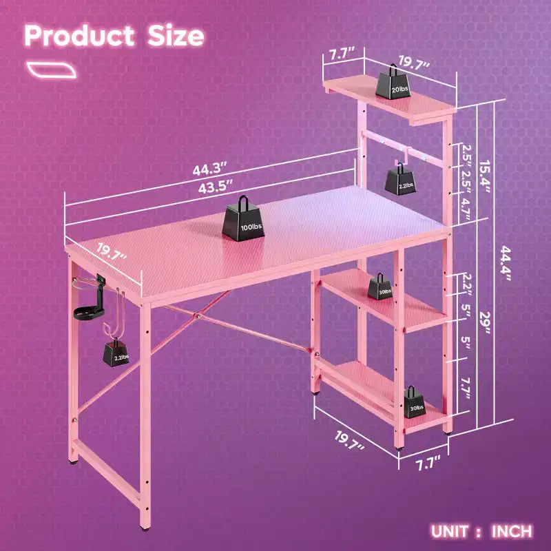 Bureau de jeu Bestier 112 cm avec éclairage LED RGB, étagères de rangement réversibles à 4 niveaux, crochets, porte-gobelet et aimants