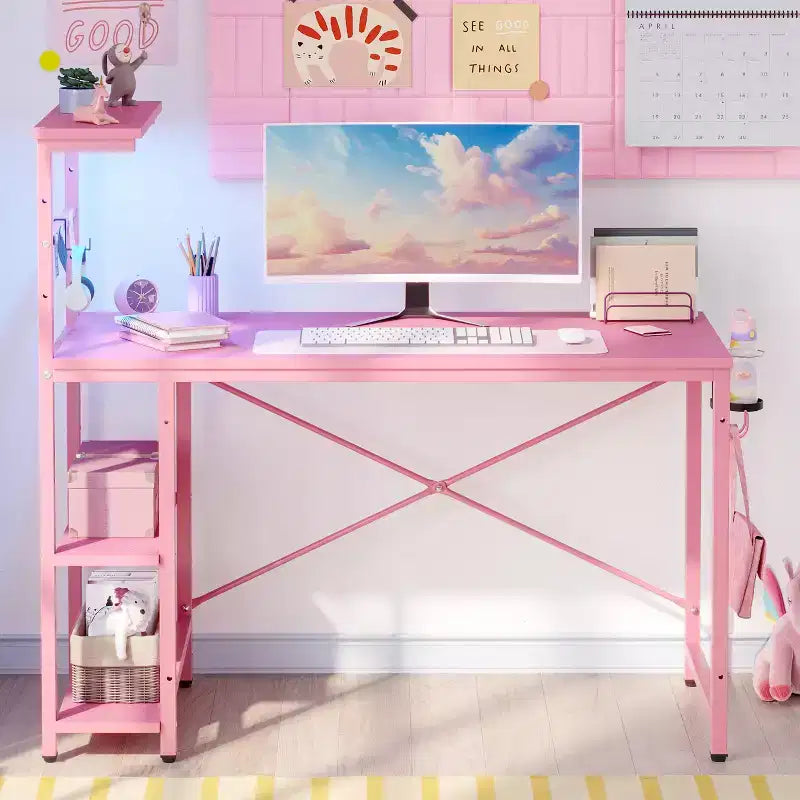 Bureau de jeu Bestier 112 cm avec éclairage LED RGB, étagères de rangement réversibles à 4 niveaux, crochets, porte-gobelet et aimants