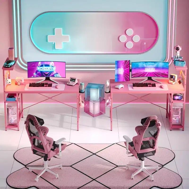 Bureau de jeu Bestier 112 cm avec éclairage LED RGB, étagères de rangement réversibles à 4 niveaux, crochets, porte-gobelet et aimants