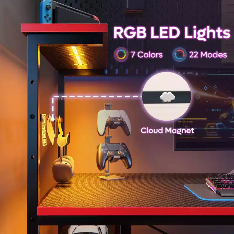 Bureau de jeu Bestier 112 cm avec éclairage LED RGB, étagères de rangement réversibles à 4 niveaux, crochets, porte-gobelet et aimants