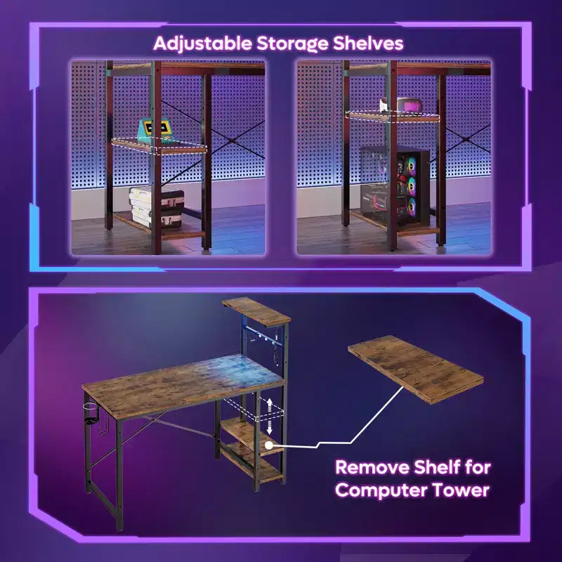 Bureau de jeu Bestier 112 cm avec éclairage LED RGB, étagères de rangement réversibles à 4 niveaux, crochets, porte-gobelet et aimants