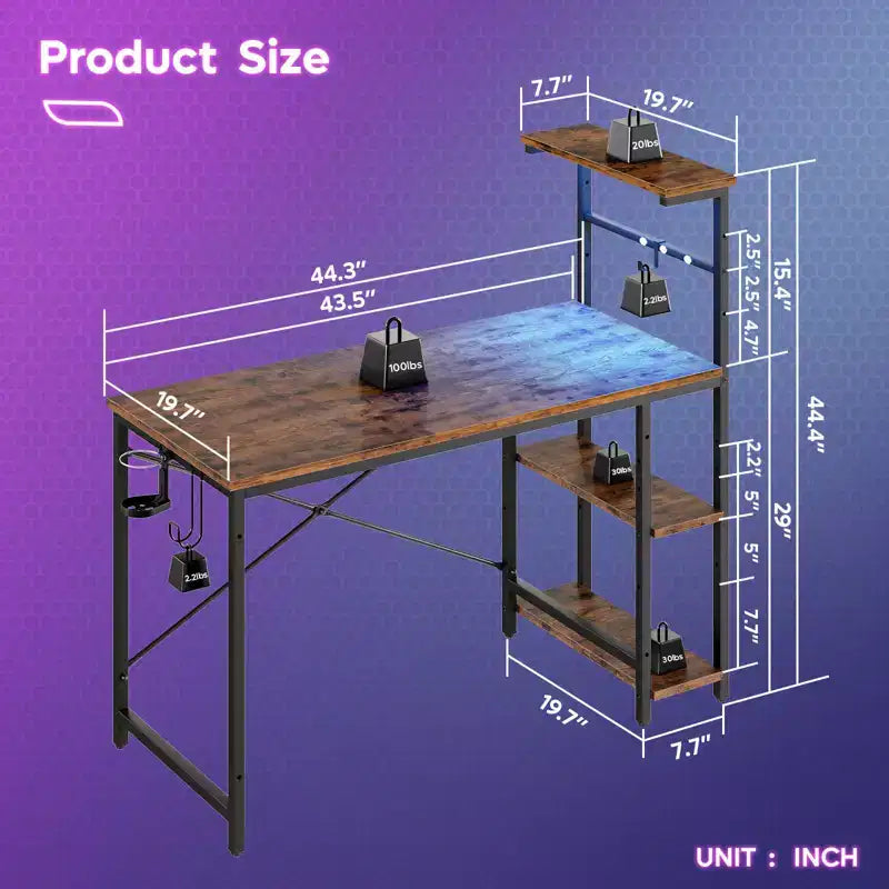 Bureau de jeu Bestier 112 cm avec éclairage LED RGB, étagères de rangement réversibles à 4 niveaux, crochets, porte-gobelet et aimants