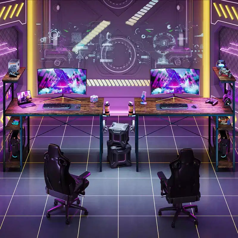 Bureau de jeu Bestier 112 cm avec éclairage LED RGB, étagères de rangement réversibles à 4 niveaux, crochets, porte-gobelet et aimants
