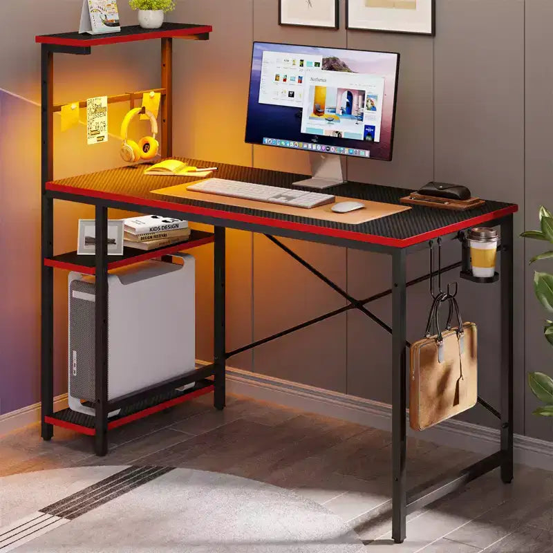 Bureau de jeu Bestier 112 cm avec éclairage LED RGB, étagères de rangement réversibles à 4 niveaux, crochets, porte-gobelet et aimants