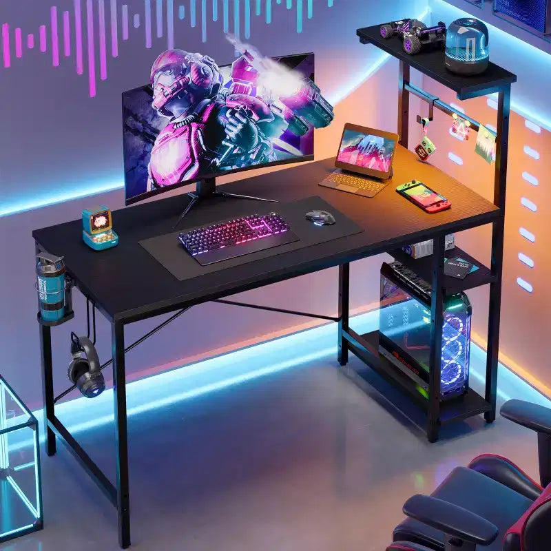Bureau de jeu Bestier 112 cm avec éclairage LED RGB, étagères de rangement réversibles à 4 niveaux, crochets, porte-gobelet et aimants