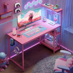 Bureau de jeu Bestier 112 cm avec éclairage LED RGB, étagères de rangement réversibles à 4 niveaux, crochets, porte-gobelet et aimants