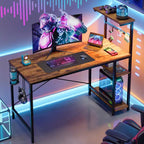 Bureau de jeu Bestier 112 cm avec éclairage LED RGB, étagères de rangement réversibles à 4 niveaux, crochets, porte-gobelet et aimants