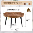 Walnut Finish, Annular Pattern, Black Metal Base, Solid 23.6 Round Coffee Table