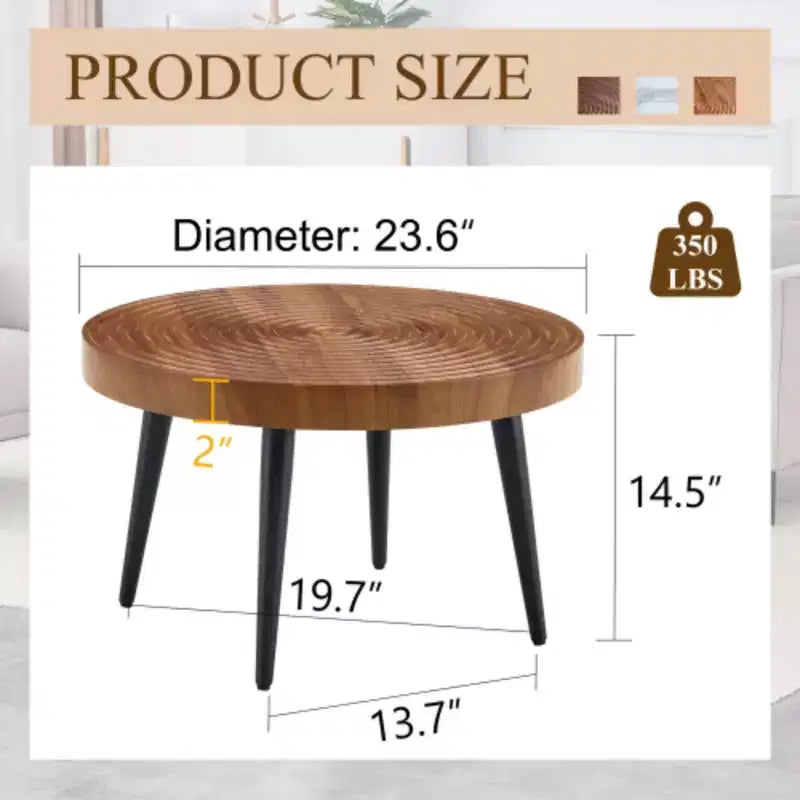 Walnut Finish, Annular Pattern, Black Metal Base, Solid 23.6 Round Coffee Table