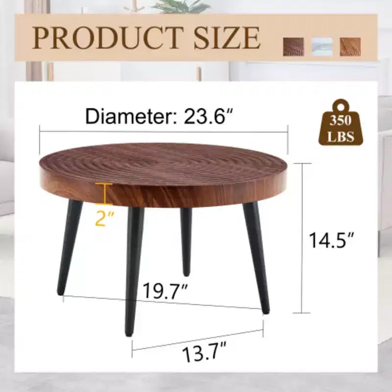 Walnut Finish, Annular Pattern, Black Metal Base, Solid 23.6 Round Coffee Table