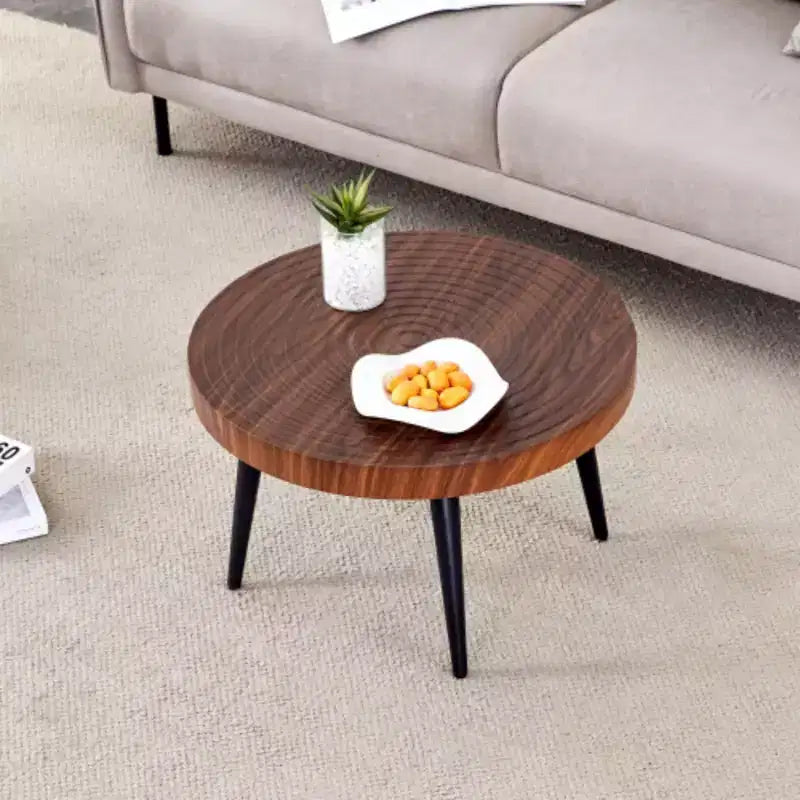 Walnut Finish, Annular Pattern, Black Metal Base, Solid 23.6 Round Coffee Table