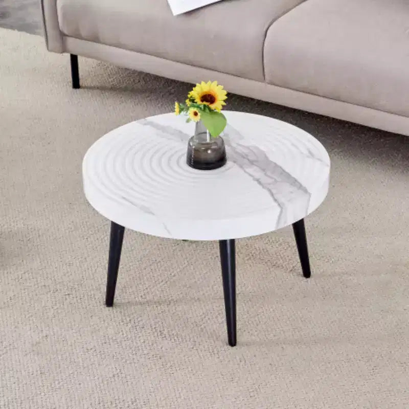 Walnut Finish, Annular Pattern, Black Metal Base, Solid 23.6 Round Coffee Table