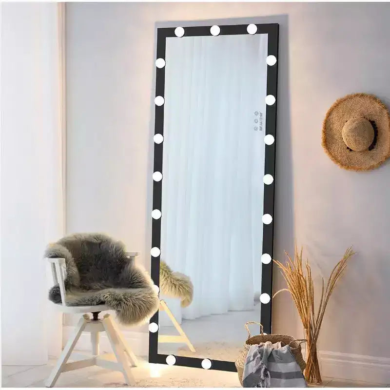 Miroir de sol Hollywood noir 63x24 avec lumières : 3 modes de couleur, commande tactile, mural ou autoportant