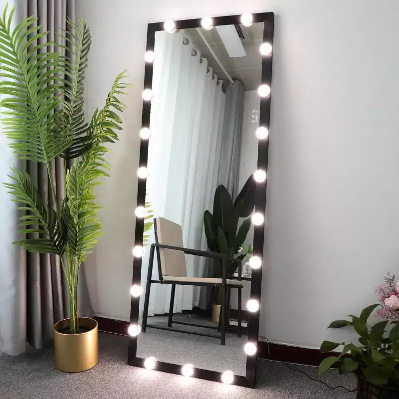 Miroir de sol Hollywood noir 63x24 avec lumières : 3 modes de couleur, commande tactile, mural ou autoportant
