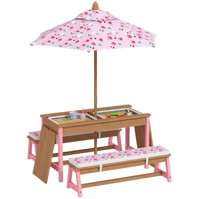 Table de pique-nique Qaba pour enfants, ensemble table et banc en bois avec parasol pliable, coussins et bacs amovibles, pour patio