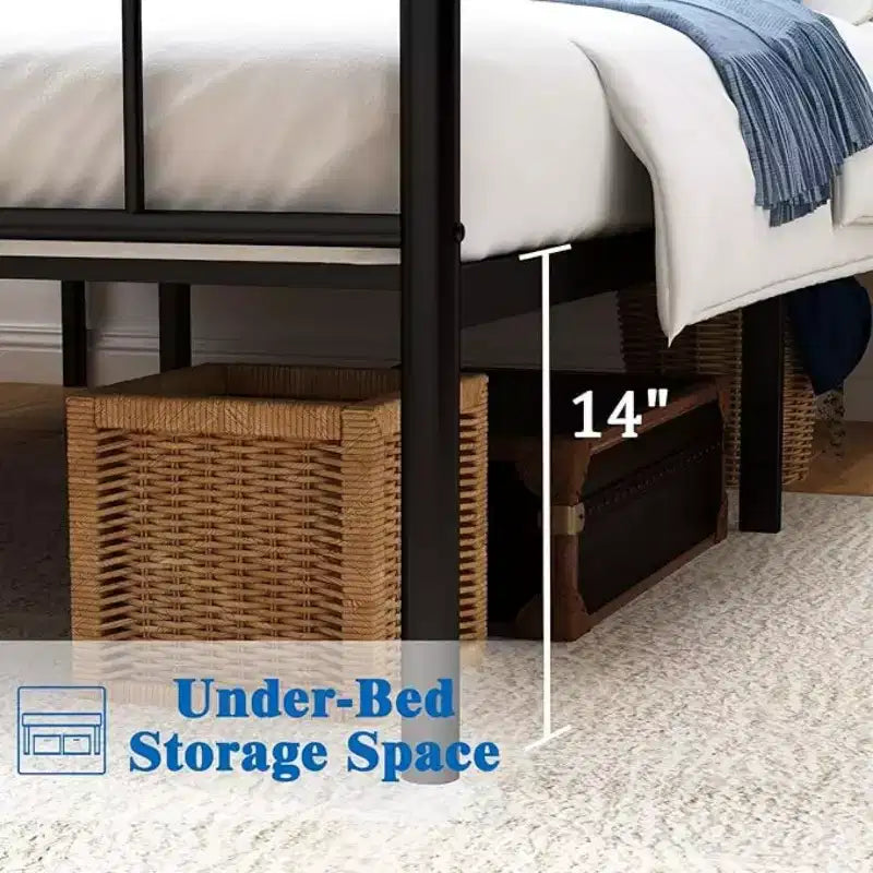 Single Bed XL Size 14 Inches (Approximately 35.6 cm) High Classic Metal Platform Bed Frame with Wrought Iron Headboard