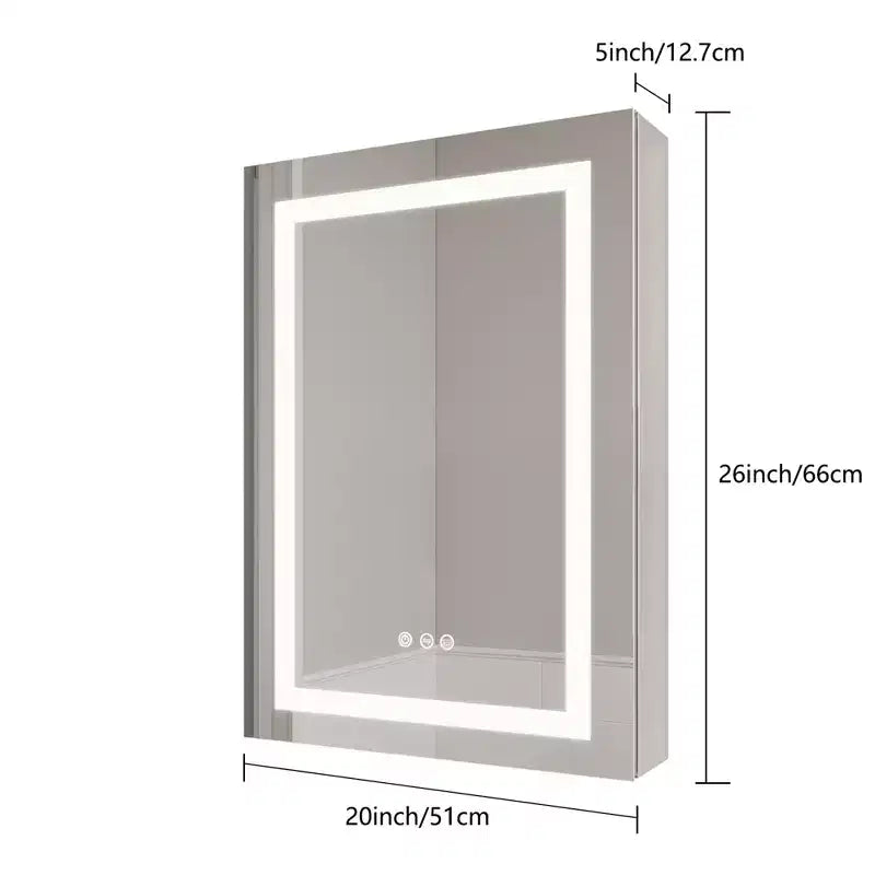 Armoire de toilette à LED 26x20, anti-buée, étanche, dimmable, interrupteur tactile, montage encastré/en surface