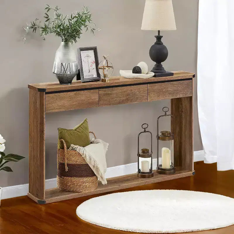 Console avec rangement, table de canapé de 120 cm, table d'entrée, table de canapé, table derrière le canapé, console étroite, consoles à 2 niveaux