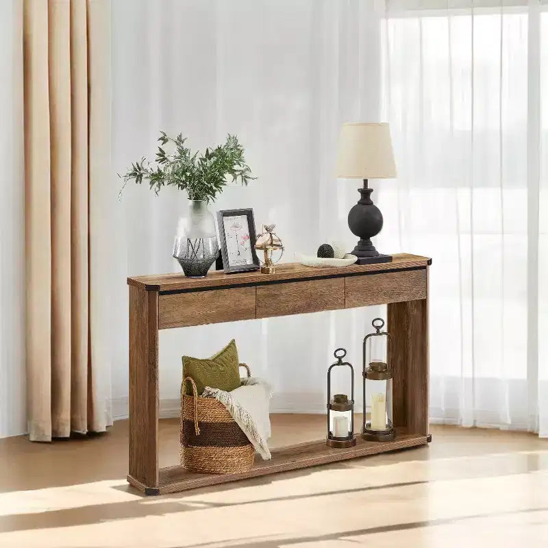 Console avec rangement, table de canapé de 120 cm, table d'entrée, table de canapé, table derrière le canapé, console étroite, consoles à 2 niveaux