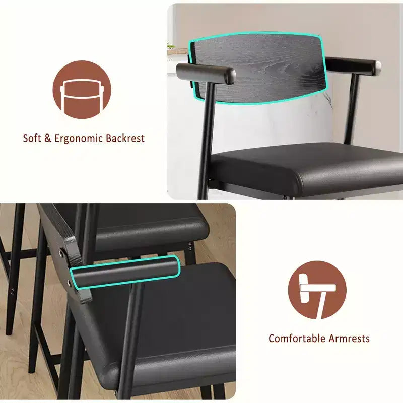 Lot de 2 tabourets de bar avec siège plus large, tabourets de bar rembourrés de 26 pouces avec repose-pieds, ensemble de tabourets de bar modernes avec dossier et accoudoirs pour îlot de cuisine, assemblage facile