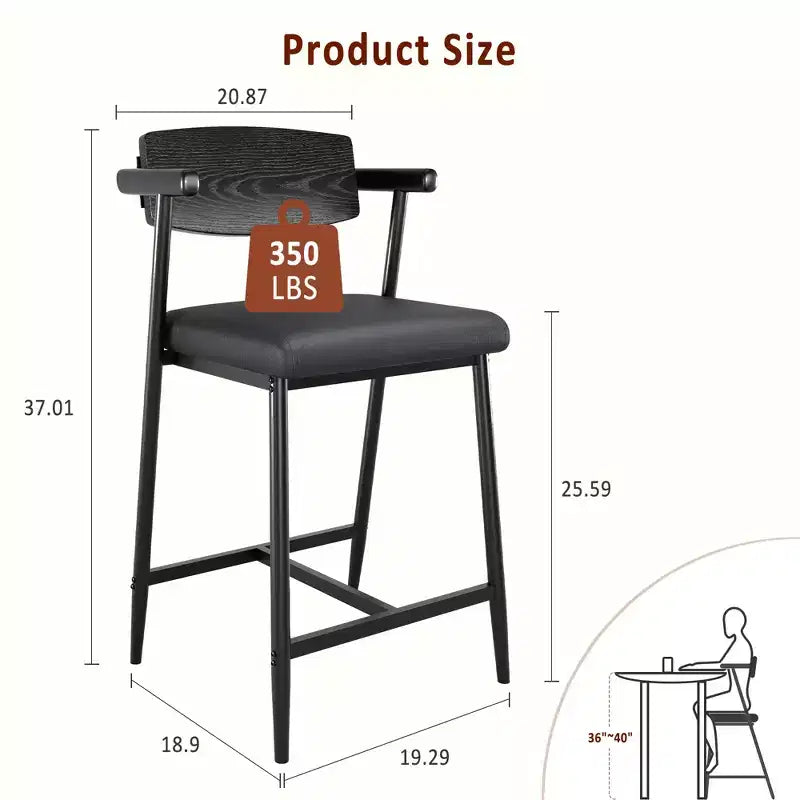 Lot de 2 tabourets de bar avec siège plus large, tabourets de bar rembourrés de 26 pouces avec repose-pieds, ensemble de tabourets de bar modernes avec dossier et accoudoirs pour îlot de cuisine, assemblage facile