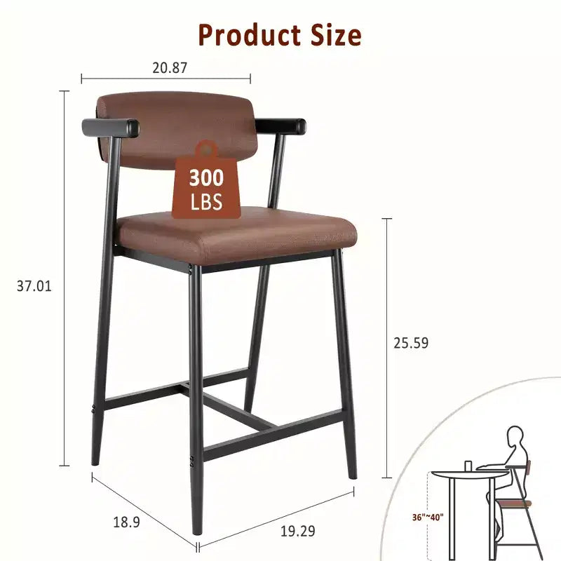 Lot de 2 tabourets de bar avec siège plus large, tabourets de bar rembourrés de 26 pouces avec repose-pieds, ensemble de tabourets de bar modernes avec dossier et accoudoirs pour îlot de cuisine, assemblage facile