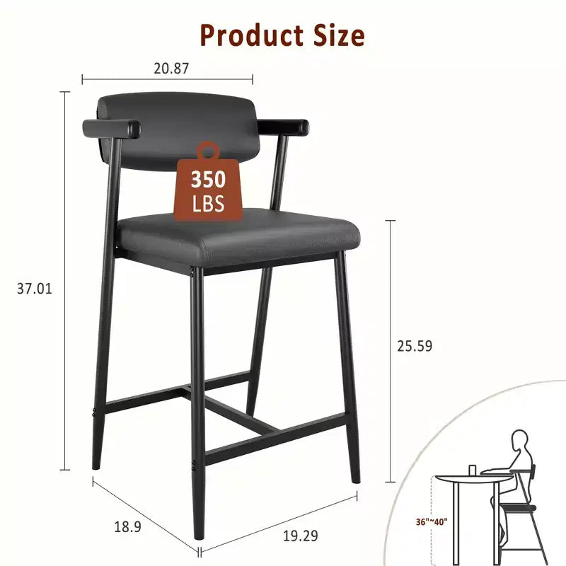 Lot de 2 tabourets de bar avec siège plus large, tabourets de bar rembourrés de 26 pouces avec repose-pieds, ensemble de tabourets de bar modernes avec dossier et accoudoirs pour îlot de cuisine, assemblage facile