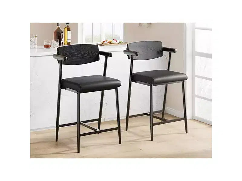 Lot de 2 tabourets de bar avec siège plus large, tabourets de bar rembourrés de 26 pouces avec repose-pieds, ensemble de tabourets de bar modernes avec dossier et accoudoirs pour îlot de cuisine, assemblage facile