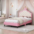 Twin/Full Size PU Leather Princess Platform Bed with Tufted Headboard, Lovely Crown Fantasy Bed Frame, Pink+Cream - ModernLuxe