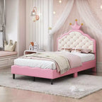 Twin/Full Size PU Leather Princess Platform Bed with Tufted Headboard, Lovely Crown Fantasy Bed Frame, Pink+Cream - ModernLuxe