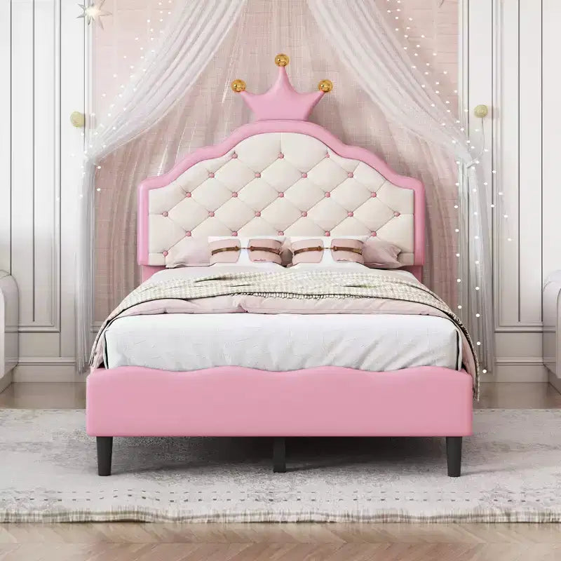 Lit Plateforme Princesse en Cuir PU, Grand Format ou Deux Places, avec Tête de Lit Capitonnée, Joli Cadre de Lit Fantaisie Couronne, Rose+Crème - ModernLuxe