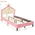Lit Plateforme Princesse en Cuir PU, Grand Format ou Deux Places, avec Tête de Lit Capitonnée, Joli Cadre de Lit Fantaisie Couronne, Rose+Crème - ModernLuxe