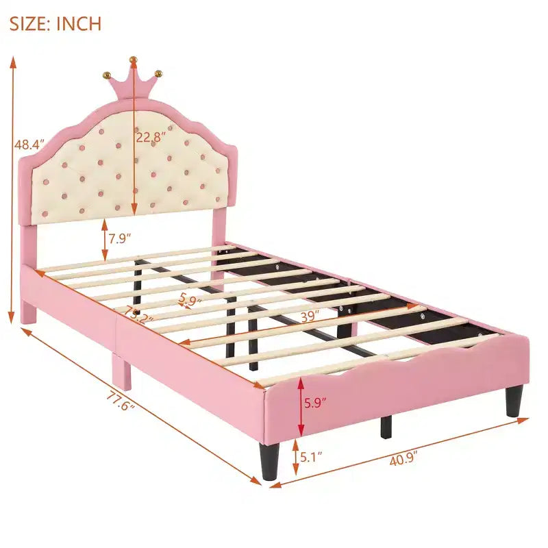 Lit Plateforme Princesse en Cuir PU, Grand Format ou Deux Places, avec Tête de Lit Capitonnée, Joli Cadre de Lit Fantaisie Couronne, Rose+Crème - ModernLuxe