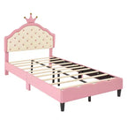 Lit Plateforme Princesse en Cuir PU, Grand Format ou Deux Places, avec Tête de Lit Capitonnée, Joli Cadre de Lit Fantaisie Couronne, Rose+Crème - ModernLuxe