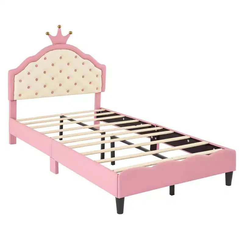 Lit Plateforme Princesse en Cuir PU, Grand Format ou Deux Places, avec Tête de Lit Capitonnée, Joli Cadre de Lit Fantaisie Couronne, Rose+Crème - ModernLuxe