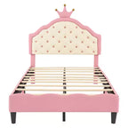 Lit Plateforme Princesse en Cuir PU, Grand Format ou Deux Places, avec Tête de Lit Capitonnée, Joli Cadre de Lit Fantaisie Couronne, Rose+Crème - ModernLuxe