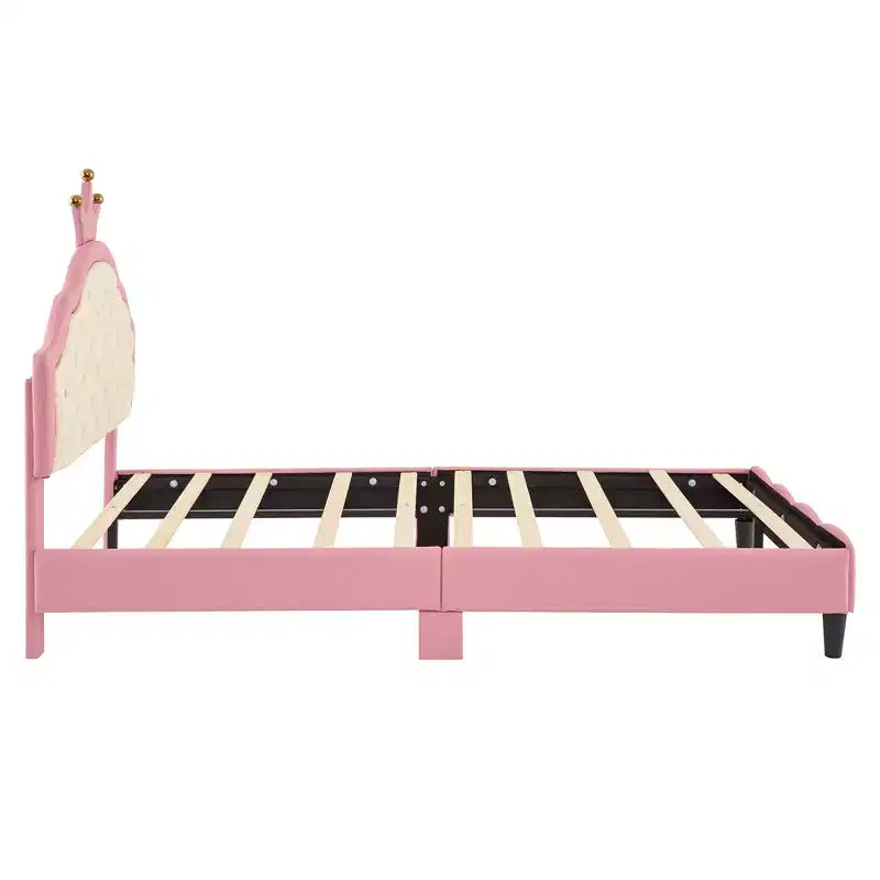 Lit Plateforme Princesse en Cuir PU, Grand Format ou Deux Places, avec Tête de Lit Capitonnée, Joli Cadre de Lit Fantaisie Couronne, Rose+Crème - ModernLuxe