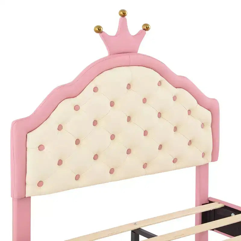 Lit Plateforme Princesse en Cuir PU, Grand Format ou Deux Places, avec Tête de Lit Capitonnée, Joli Cadre de Lit Fantaisie Couronne, Rose+Crème - ModernLuxe