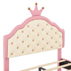 Lit Plateforme Princesse en Cuir PU, Grand Format ou Deux Places, avec Tête de Lit Capitonnée, Joli Cadre de Lit Fantaisie Couronne, Rose+Crème - ModernLuxe