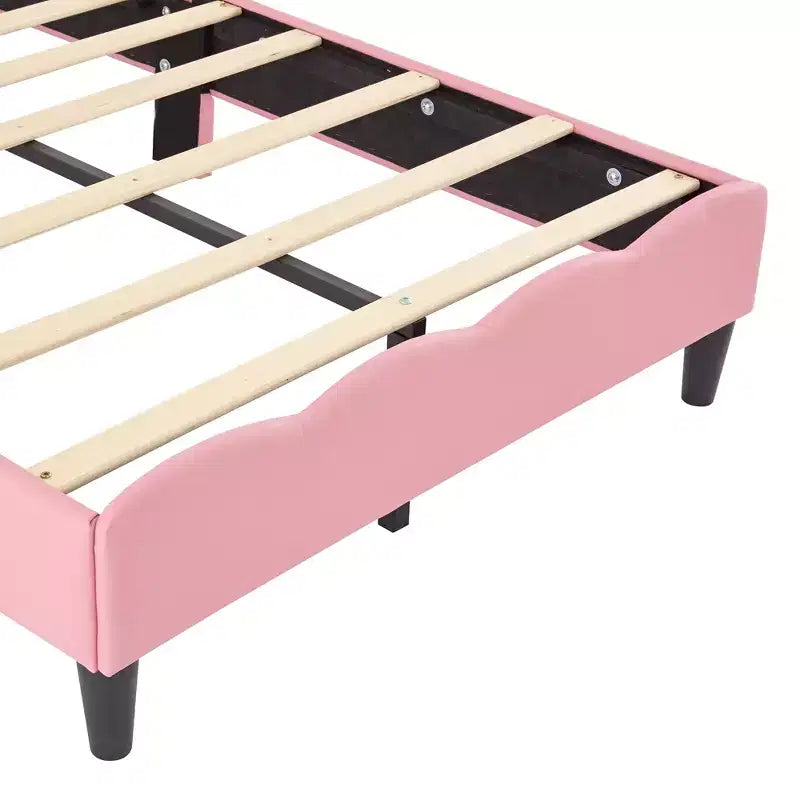 Lit Plateforme Princesse en Cuir PU, Grand Format ou Deux Places, avec Tête de Lit Capitonnée, Joli Cadre de Lit Fantaisie Couronne, Rose+Crème - ModernLuxe