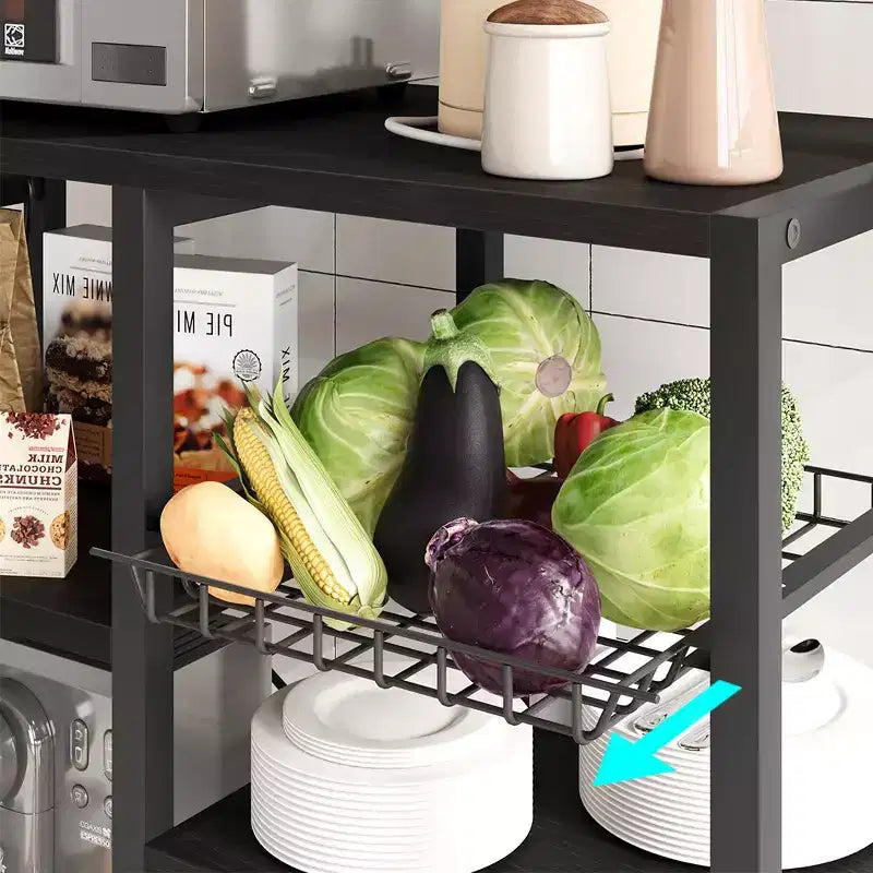 Étagère de Cuisine avec Panier en Fil Métallique, Support à Micro-ondes avec Prise de Courant, Grandes Étagères de Rangement Ouvertes, Étagère de Rangement Utilitaire Autonome à 6 Niveaux