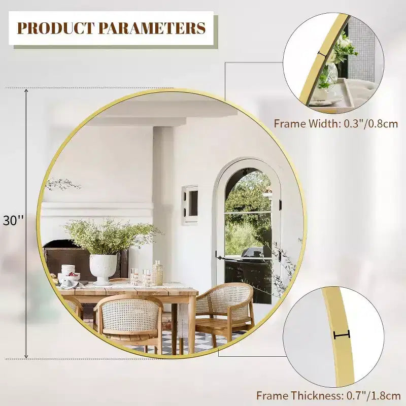 Miroir rond de 76 cm, cadre métallique, miroir mural pour entrée, salle de bain, coiffeuse, salon, doré