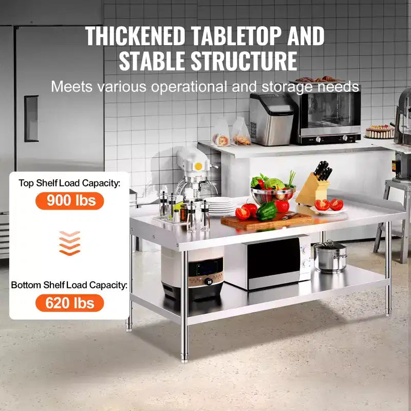 Table de travail VEVOR en acier inoxydable, table de préparation alimentaire commerciale de 76,2 x 152,4 x 66 cm, table de préparation robuste avec dosseret sur 3 côtés