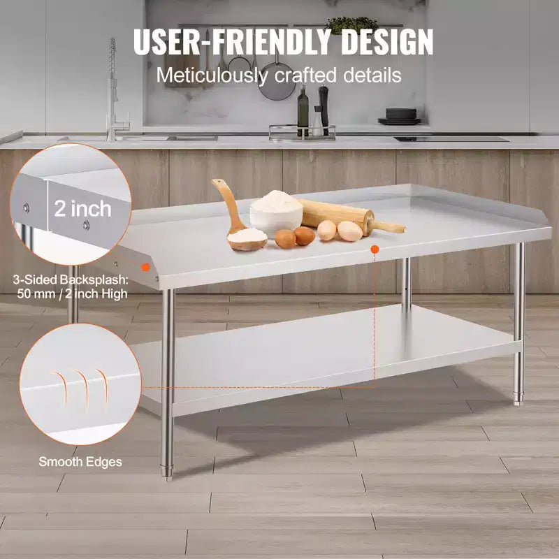 Table de travail VEVOR en acier inoxydable, table de préparation alimentaire commerciale de 76,2 x 152,4 x 66 cm, table de préparation robuste avec dosseret sur 3 côtés