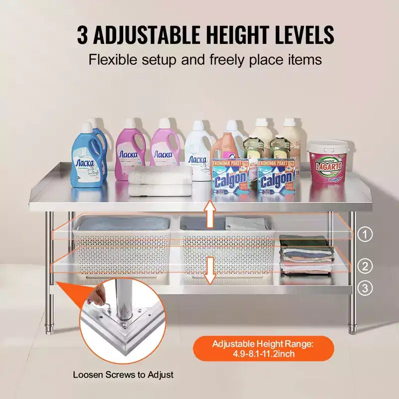 Table de travail VEVOR en acier inoxydable, table de préparation alimentaire commerciale de 76,2 x 152,4 x 66 cm, table de préparation robuste avec dosseret sur 3 côtés