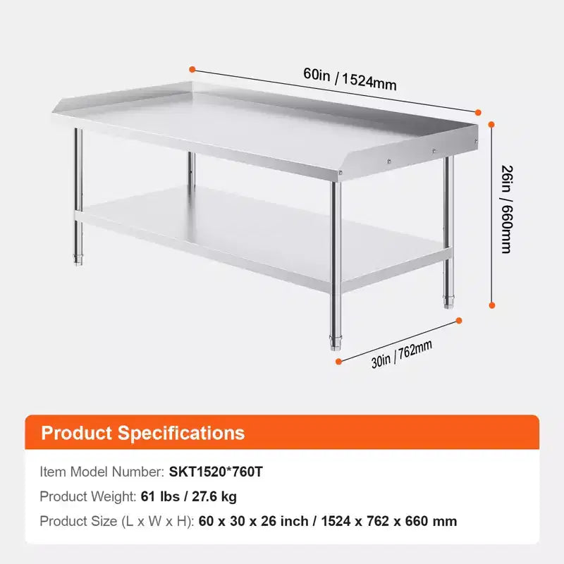 Table de travail VEVOR en acier inoxydable, table de préparation alimentaire commerciale de 76,2 x 152,4 x 66 cm, table de préparation robuste avec dosseret sur 3 côtés